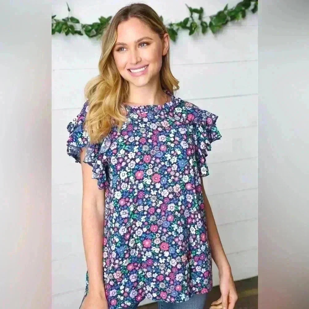 Navy Floral Mock Neck Flutter Sleeve Top